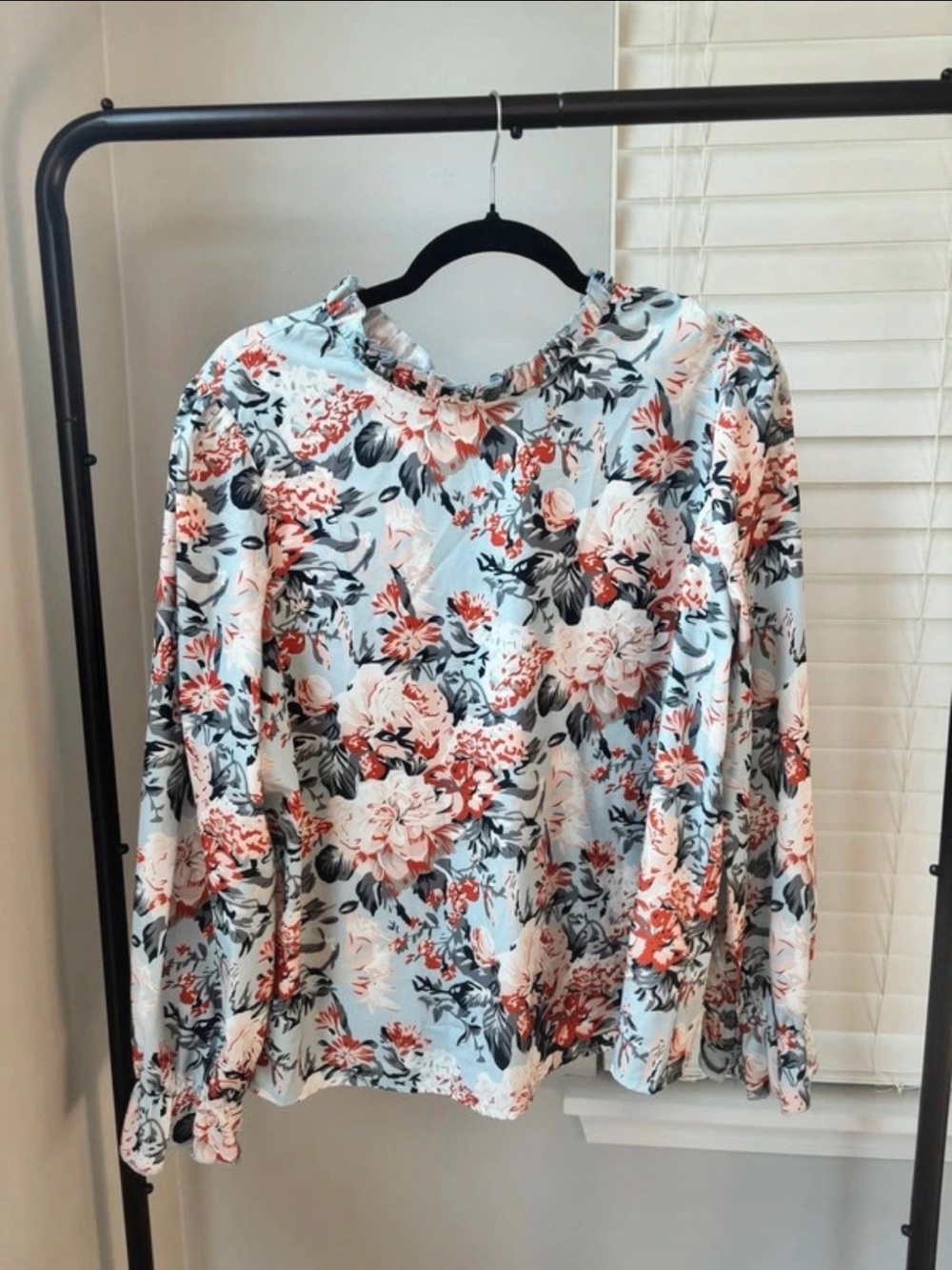 SHEIN Light Blue Floral Long Sleeve Peasant Blouse
